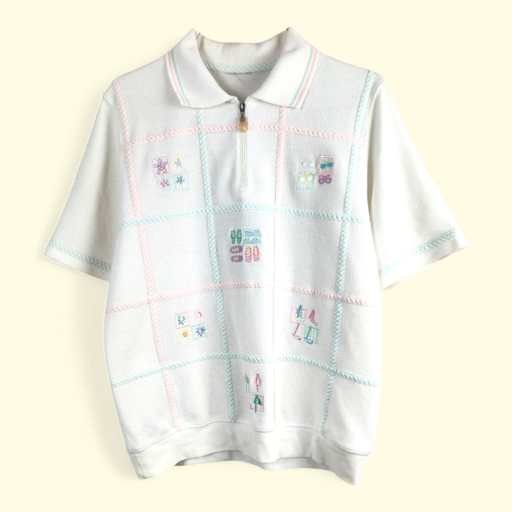 Vintage Embroidered Beach 1/4 Zip Sweater Spring Short Large Sleeve Waffle Knit